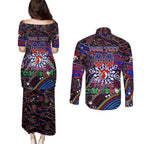 Merry Christmas Sydney Roosters Couples Matching Puletasi and Long Sleeve Button Shirt Aboriginal Santa Rugby Mascot - Tricolours