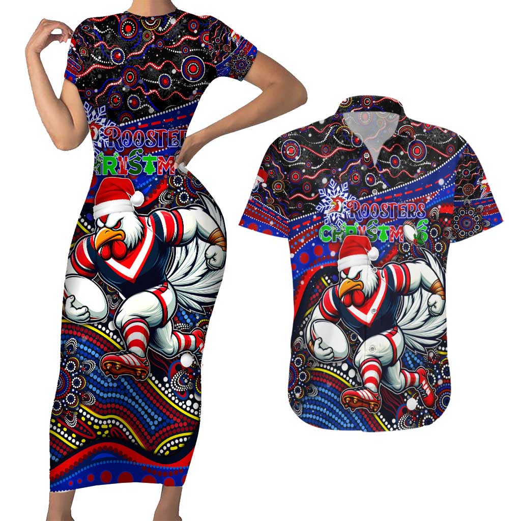 Merry Christmas Sydney Roosters Couples Matching Short Sleeve Bodycon Dress and Hawaiian Shirt Aboriginal Santa Rugby Mascot - Tricolours