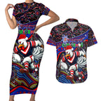 Merry Christmas Sydney Roosters Couples Matching Short Sleeve Bodycon Dress and Hawaiian Shirt Aboriginal Santa Rugby Mascot - Tricolours