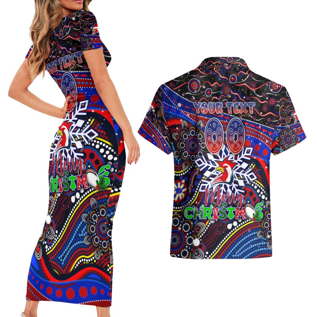 Merry Christmas Sydney Roosters Couples Matching Short Sleeve Bodycon Dress and Hawaiian Shirt Aboriginal Santa Rugby Mascot - Tricolours
