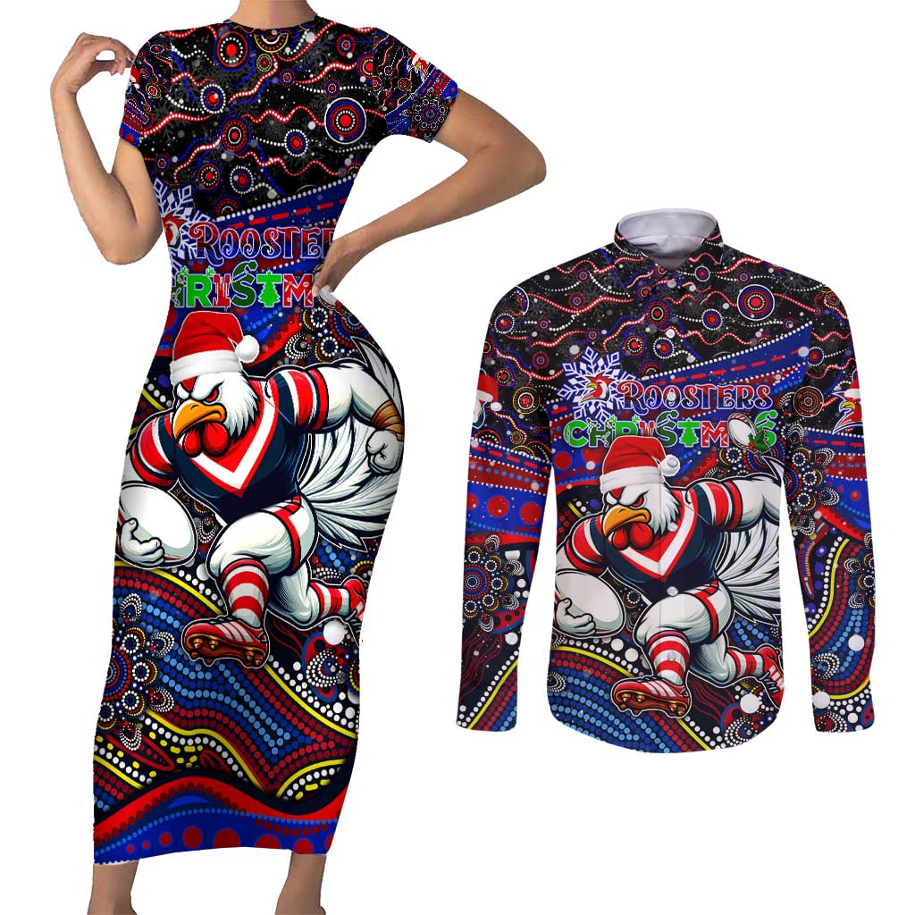 Merry Christmas Sydney Roosters Couples Matching Short Sleeve Bodycon Dress and Long Sleeve Button Shirt Aboriginal Santa Rugby Mascot - Tricolours