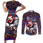 Merry Christmas Sydney Roosters Couples Matching Short Sleeve Bodycon Dress and Long Sleeve Button Shirt Aboriginal Santa Rugby Mascot - Tricolours