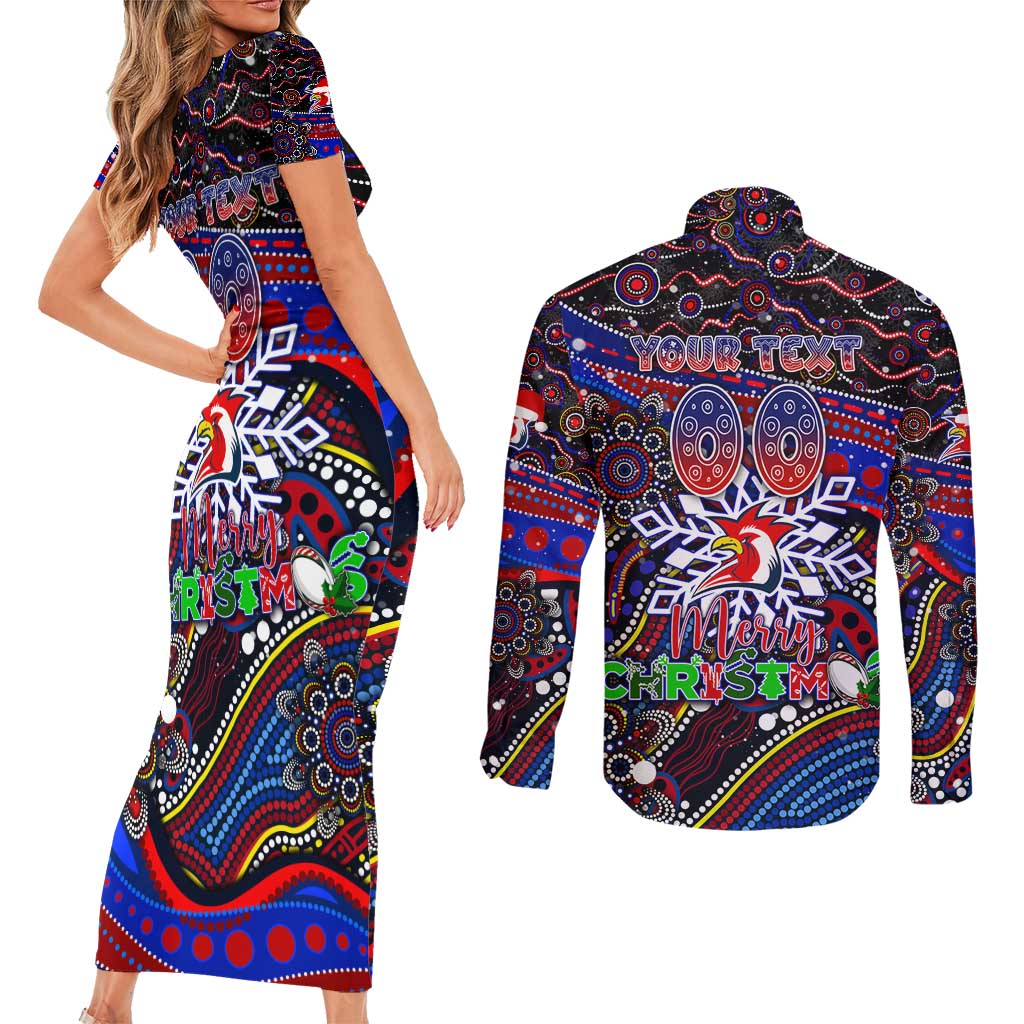 Merry Christmas Sydney Roosters Couples Matching Short Sleeve Bodycon Dress and Long Sleeve Button Shirt Aboriginal Santa Rugby Mascot - Tricolours