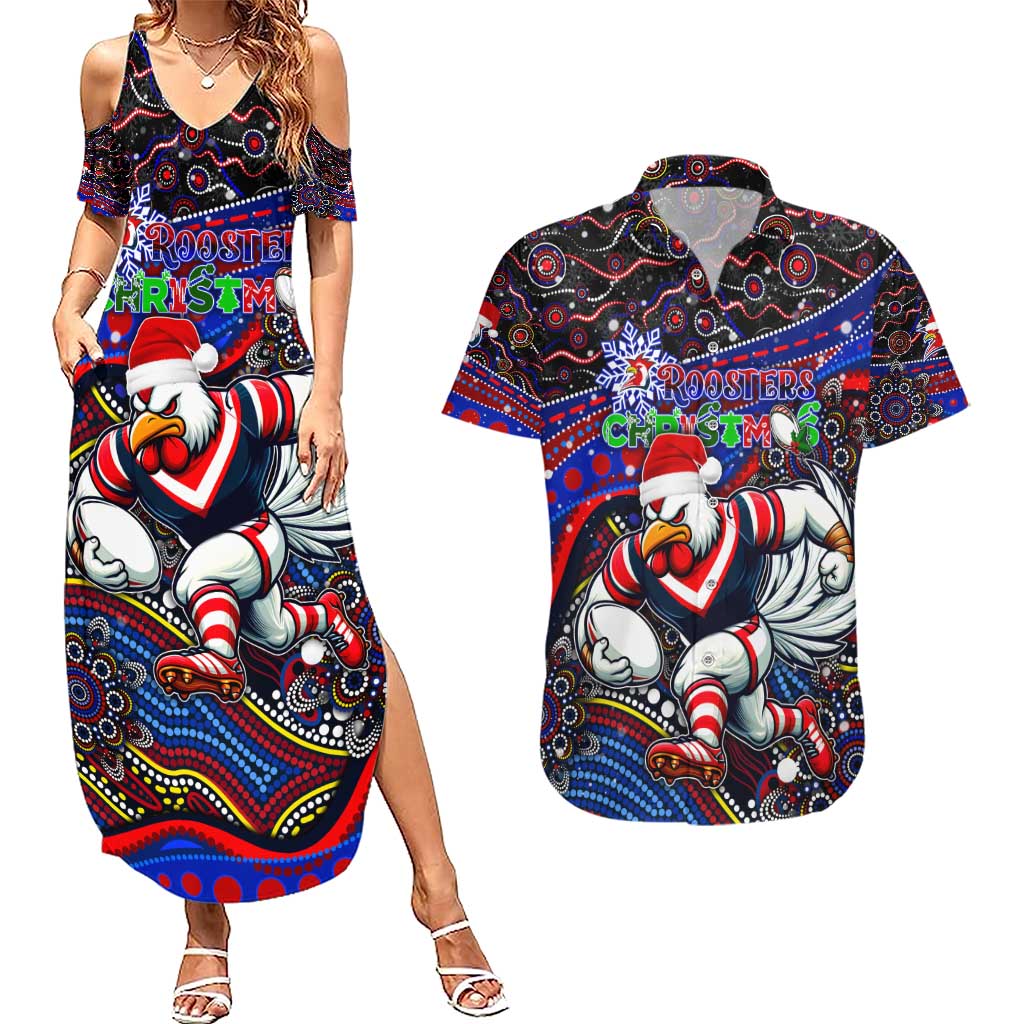 Merry Christmas Sydney Roosters Couples Matching Summer Maxi Dress and Hawaiian Shirt Aboriginal Santa Rugby Mascot - Tricolours