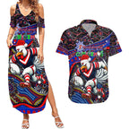 Merry Christmas Sydney Roosters Couples Matching Summer Maxi Dress and Hawaiian Shirt Aboriginal Santa Rugby Mascot - Tricolours