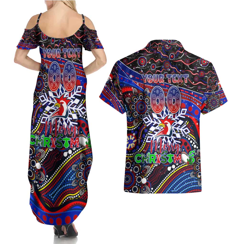 Merry Christmas Sydney Roosters Couples Matching Summer Maxi Dress and Hawaiian Shirt Aboriginal Santa Rugby Mascot - Tricolours