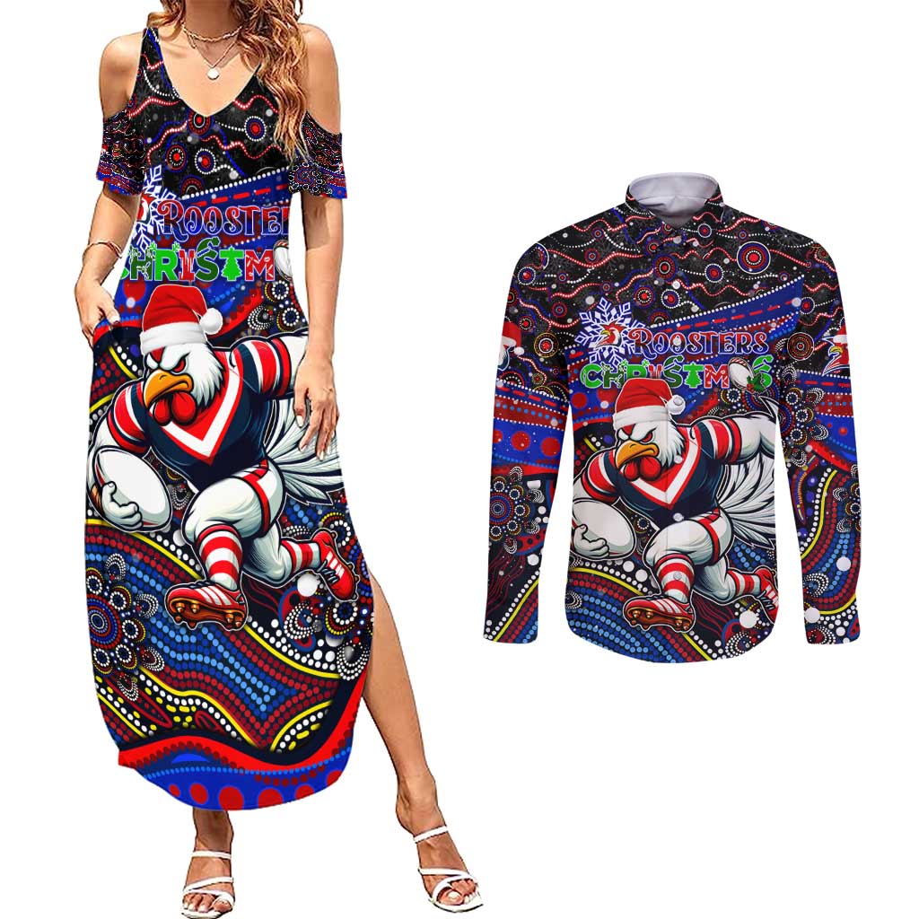 Merry Christmas Sydney Roosters Couples Matching Summer Maxi Dress and Long Sleeve Button Shirt Aboriginal Santa Rugby Mascot - Tricolours