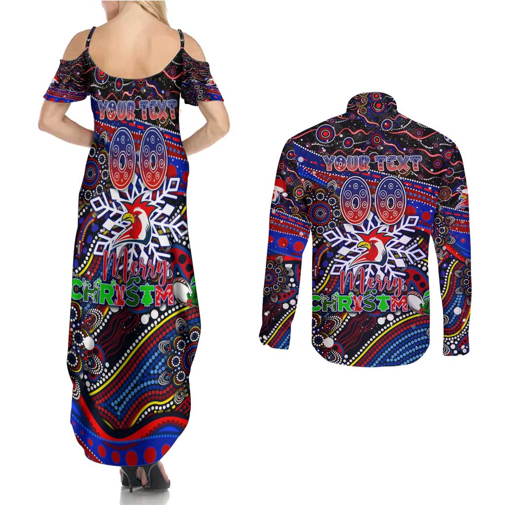 Merry Christmas Sydney Roosters Couples Matching Summer Maxi Dress and Long Sleeve Button Shirt Aboriginal Santa Rugby Mascot - Tricolours