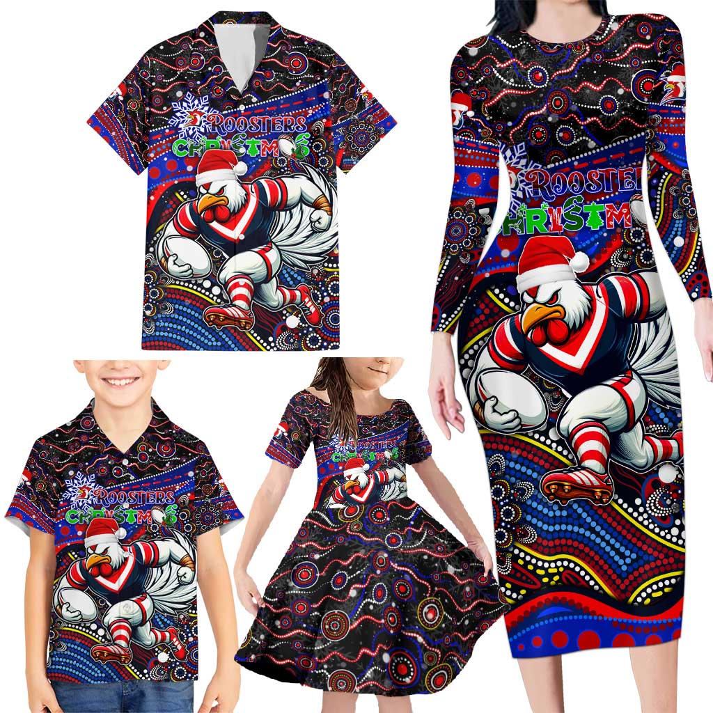 Merry Christmas Sydney Roosters Family Matching Long Sleeve Bodycon Dress and Hawaiian Shirt Aboriginal Santa Rugby Mascot - Tricolours