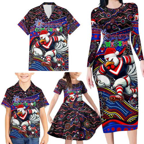 Merry Christmas Sydney Roosters Family Matching Long Sleeve Bodycon Dress and Hawaiian Shirt Aboriginal Santa Rugby Mascot - Tricolours
