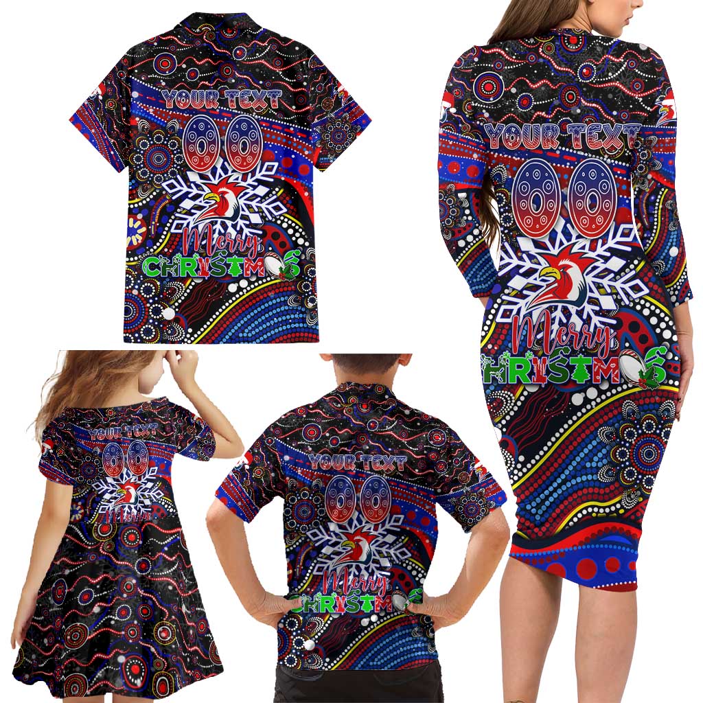 Merry Christmas Sydney Roosters Family Matching Long Sleeve Bodycon Dress and Hawaiian Shirt Aboriginal Santa Rugby Mascot - Tricolours