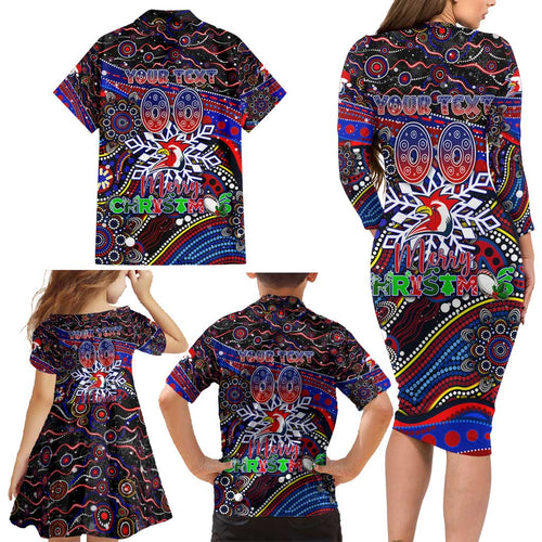 Merry Christmas Sydney Roosters Family Matching Long Sleeve Bodycon Dress and Hawaiian Shirt Aboriginal Santa Rugby Mascot - Tricolours