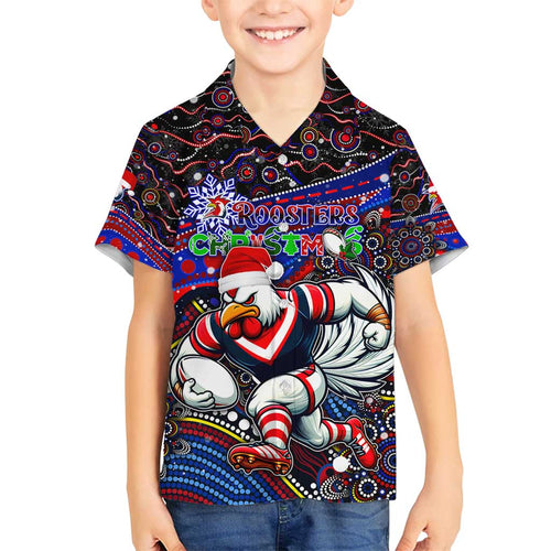 Merry Christmas Sydney Roosters Family Matching Long Sleeve Bodycon Dress and Hawaiian Shirt Aboriginal Santa Rugby Mascot - Tricolours