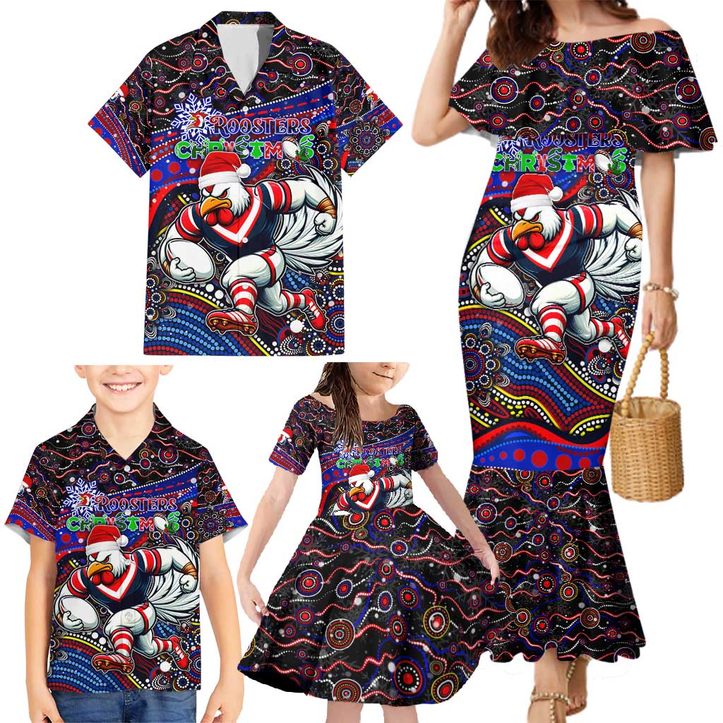 Merry Christmas Sydney Roosters Family Matching Mermaid Dress and Hawaiian Shirt Aboriginal Santa Rugby Mascot - Tricolours