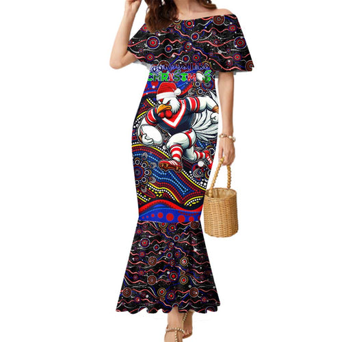 Merry Christmas Sydney Roosters Family Matching Mermaid Dress and Hawaiian Shirt Aboriginal Santa Rugby Mascot - Tricolours