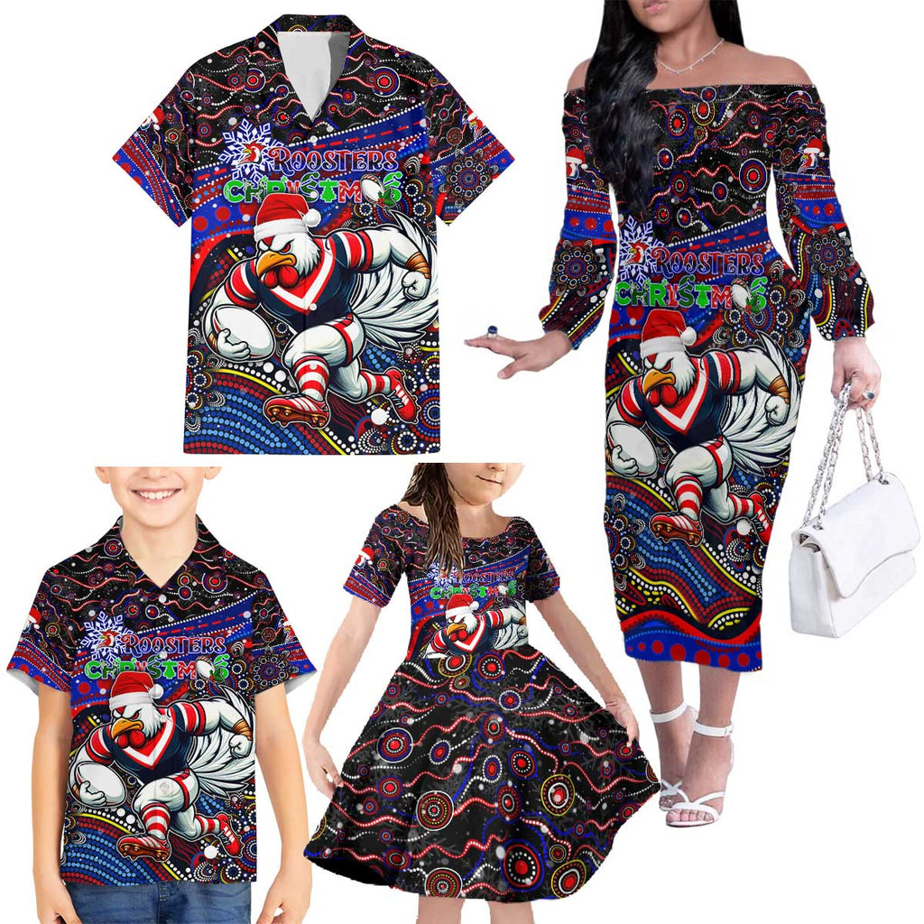 Merry Christmas Sydney Roosters Family Matching Off The Shoulder Long Sleeve Dress and Hawaiian Shirt Aboriginal Santa Rugby Mascot - Tricolours