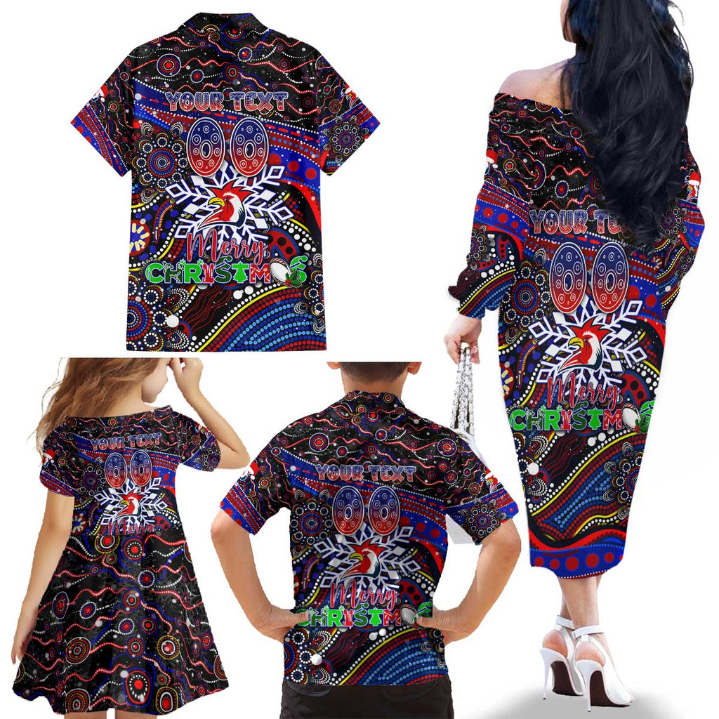 Merry Christmas Sydney Roosters Family Matching Off The Shoulder Long Sleeve Dress and Hawaiian Shirt Aboriginal Santa Rugby Mascot - Tricolours