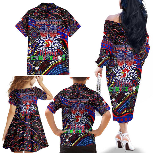 Merry Christmas Sydney Roosters Family Matching Off The Shoulder Long Sleeve Dress and Hawaiian Shirt Aboriginal Santa Rugby Mascot - Tricolours