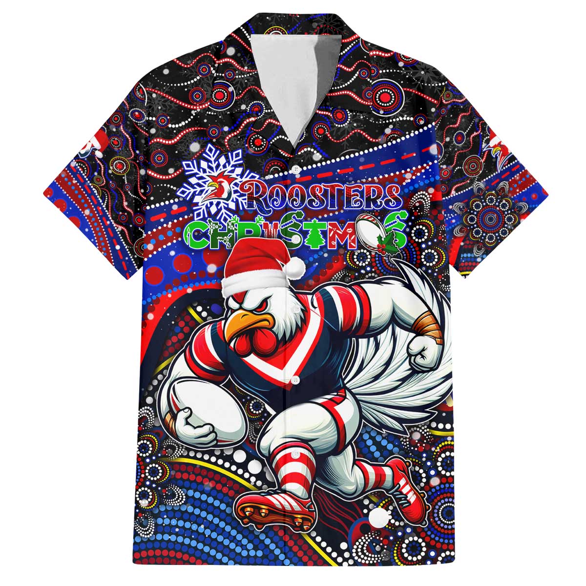 Merry Christmas Sydney Roosters Family Matching Off The Shoulder Long Sleeve Dress and Hawaiian Shirt Aboriginal Santa Rugby Mascot - Tricolours