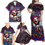 Merry Christmas Sydney Roosters Family Matching Off Shoulder Maxi Dress and Hawaiian Shirt Aboriginal Santa Rugby Mascot - Tricolours