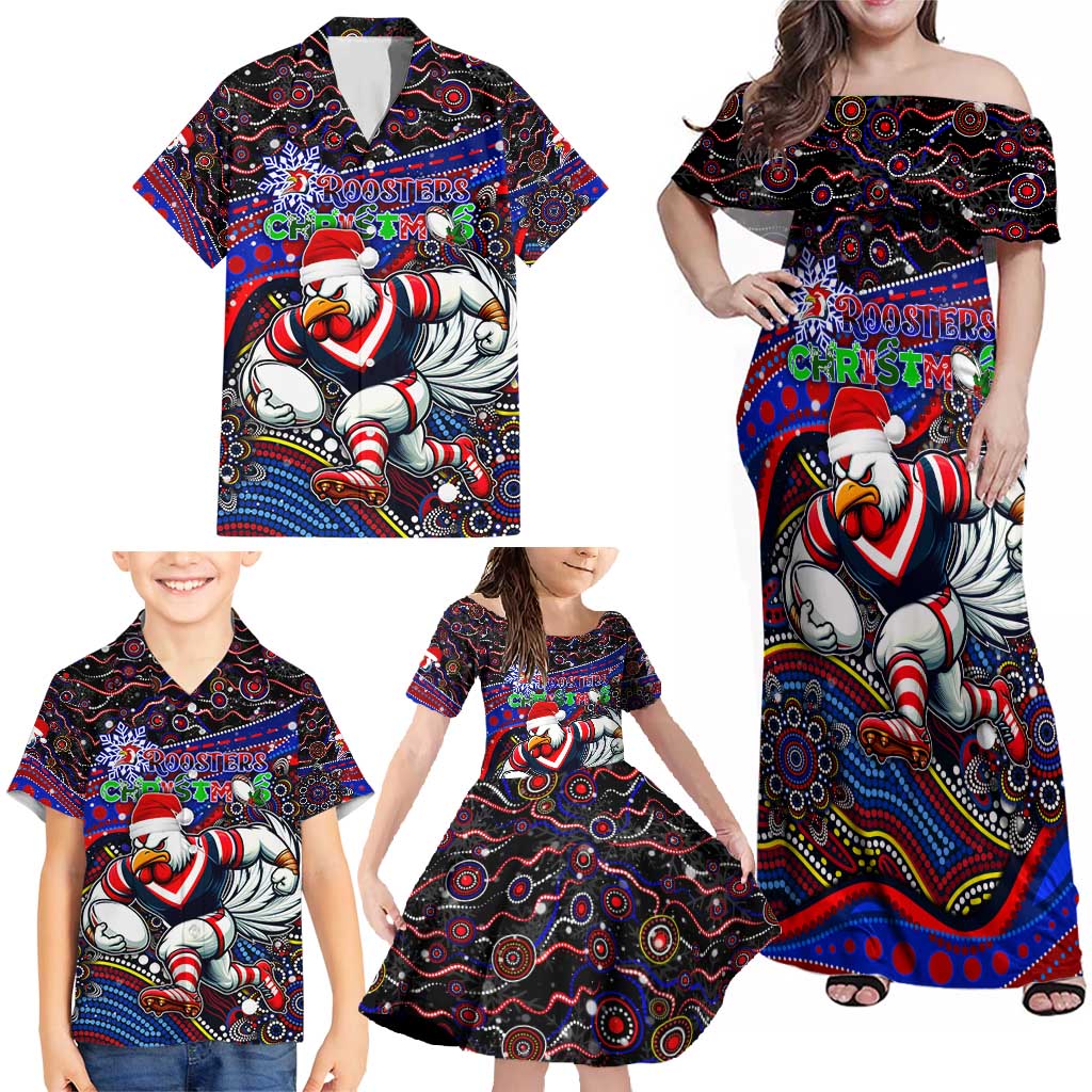 Merry Christmas Sydney Roosters Family Matching Off Shoulder Maxi Dress and Hawaiian Shirt Aboriginal Santa Rugby Mascot - Tricolours