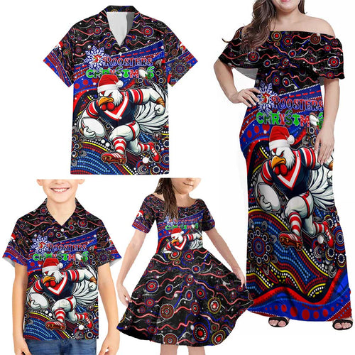 Merry Christmas Sydney Roosters Family Matching Off Shoulder Maxi Dress and Hawaiian Shirt Aboriginal Santa Rugby Mascot - Tricolours
