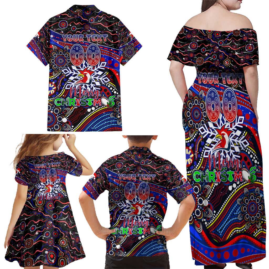 Merry Christmas Sydney Roosters Family Matching Off Shoulder Maxi Dress and Hawaiian Shirt Aboriginal Santa Rugby Mascot - Tricolours
