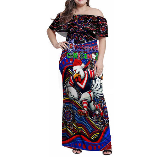 Merry Christmas Sydney Roosters Family Matching Off Shoulder Maxi Dress and Hawaiian Shirt Aboriginal Santa Rugby Mascot - Tricolours