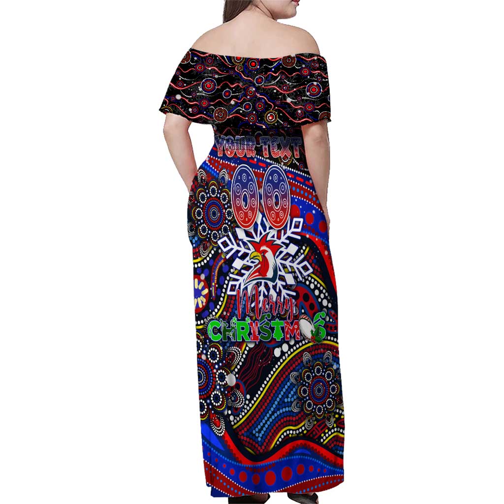 Merry Christmas Sydney Roosters Family Matching Off Shoulder Maxi Dress and Hawaiian Shirt Aboriginal Santa Rugby Mascot - Tricolours