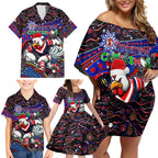 Merry Christmas Sydney Roosters Family Matching Off Shoulder Short Dress and Hawaiian Shirt Aboriginal Santa Rugby Mascot - Tricolours