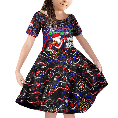 Merry Christmas Sydney Roosters Family Matching Off Shoulder Short Dress and Hawaiian Shirt Aboriginal Santa Rugby Mascot - Tricolours