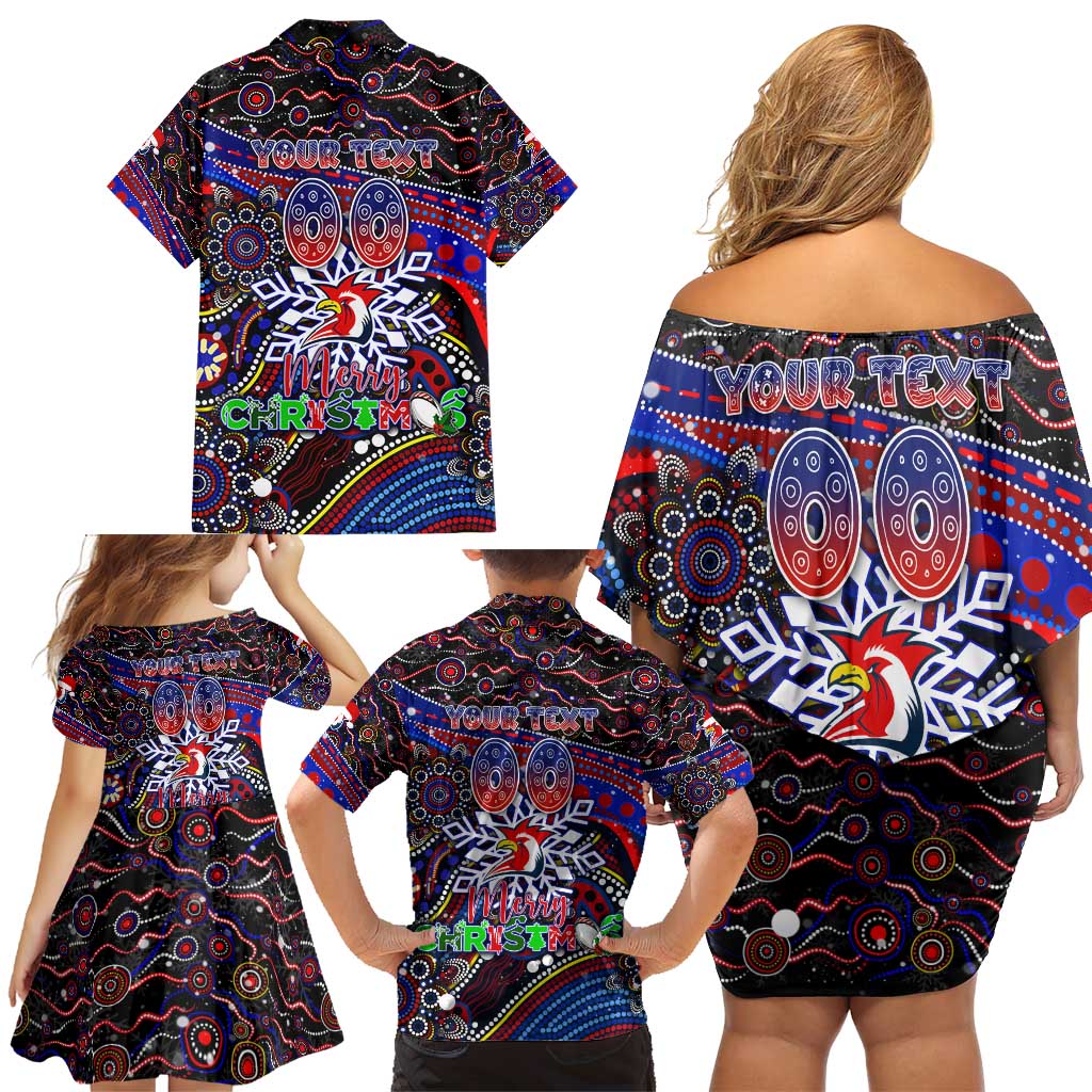 Merry Christmas Sydney Roosters Family Matching Off Shoulder Short Dress and Hawaiian Shirt Aboriginal Santa Rugby Mascot - Tricolours