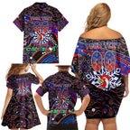 Merry Christmas Sydney Roosters Family Matching Off Shoulder Short Dress and Hawaiian Shirt Aboriginal Santa Rugby Mascot - Tricolours