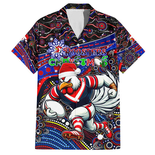 Merry Christmas Sydney Roosters Family Matching Off Shoulder Short Dress and Hawaiian Shirt Aboriginal Santa Rugby Mascot - Tricolours