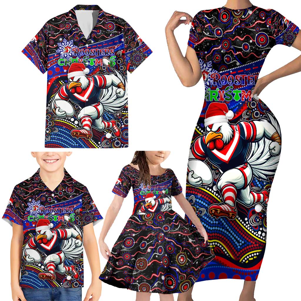 Merry Christmas Sydney Roosters Family Matching Short Sleeve Bodycon Dress and Hawaiian Shirt Aboriginal Santa Rugby Mascot - Tricolours
