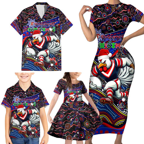 Merry Christmas Sydney Roosters Family Matching Short Sleeve Bodycon Dress and Hawaiian Shirt Aboriginal Santa Rugby Mascot - Tricolours