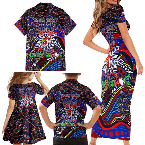 Merry Christmas Sydney Roosters Family Matching Short Sleeve Bodycon Dress and Hawaiian Shirt Aboriginal Santa Rugby Mascot - Tricolours