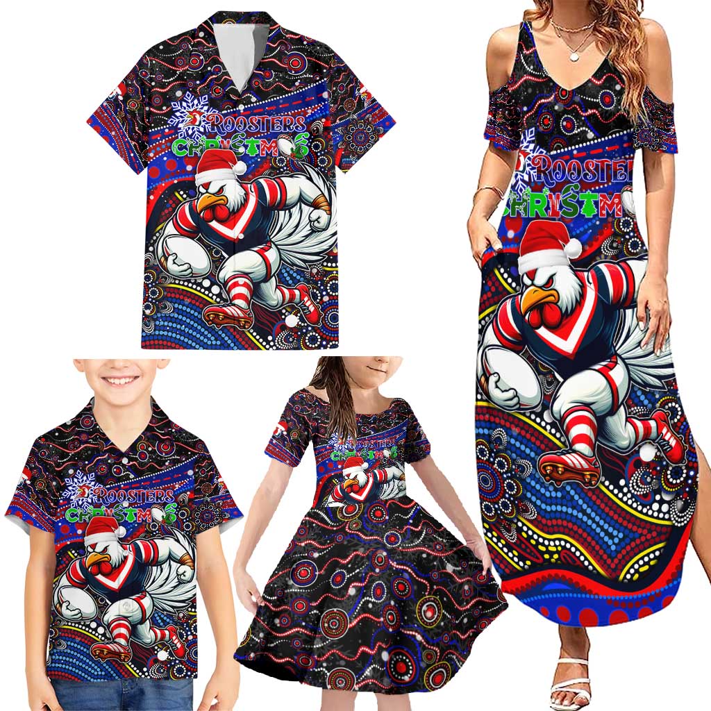 Merry Christmas Sydney Roosters Family Matching Summer Maxi Dress and Hawaiian Shirt Aboriginal Santa Rugby Mascot - Tricolours