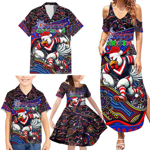 Merry Christmas Sydney Roosters Family Matching Summer Maxi Dress and Hawaiian Shirt Aboriginal Santa Rugby Mascot - Tricolours