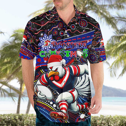 Merry Christmas Sydney Roosters Hawaiian Shirt Aboriginal Santa Rugby Mascot - Tricolours