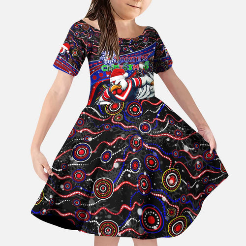 Merry Christmas Sydney Roosters Kid Short Sleeve Dress Aboriginal Santa Rugby Mascot - Tricolours