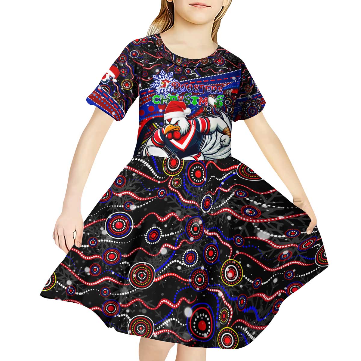 Merry Christmas Sydney Roosters Kid Short Sleeve Dress Aboriginal Santa Rugby Mascot - Tricolours