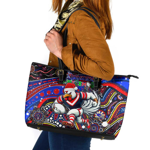Merry Christmas Sydney Roosters Leather Tote Bag Aboriginal Santa Rugby Mascot - Tricolours