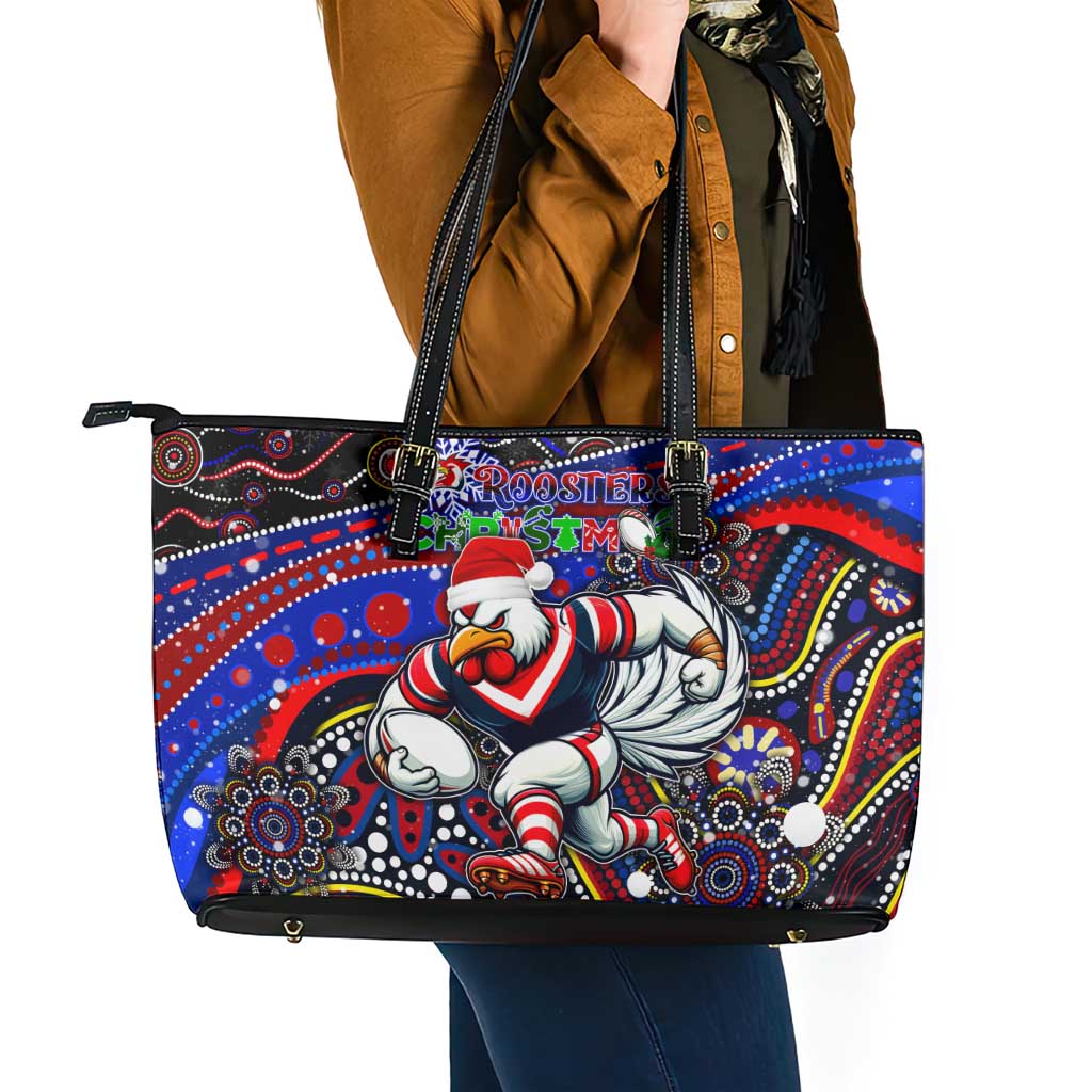 Merry Christmas Sydney Roosters Leather Tote Bag Aboriginal Santa Rugby Mascot - Tricolours