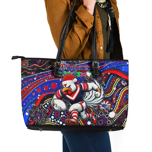 Merry Christmas Sydney Roosters Leather Tote Bag Aboriginal Santa Rugby Mascot - Tricolours