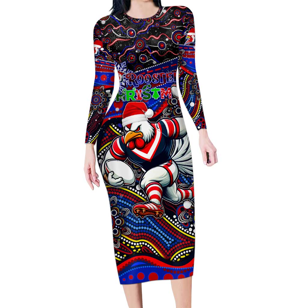 Merry Christmas Sydney Roosters Long Sleeve Bodycon Dress Aboriginal Santa Rugby Mascot - Tricolours