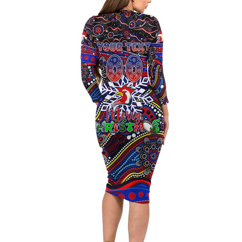 Merry Christmas Sydney Roosters Long Sleeve Bodycon Dress Aboriginal Santa Rugby Mascot - Tricolours