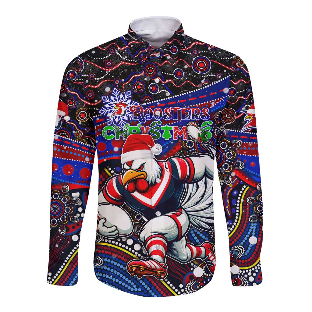 Merry Christmas Sydney Roosters Long Sleeve Button Shirt Aboriginal Santa Rugby Mascot - Tricolours