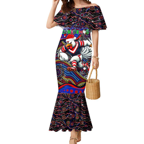 Merry Christmas Sydney Roosters Mermaid Dress Aboriginal Santa Rugby Mascot - Tricolours
