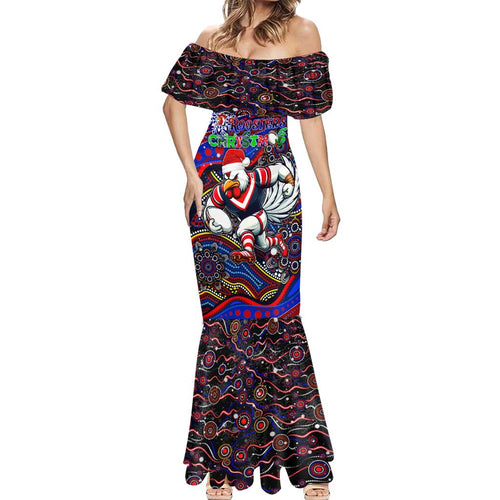 Merry Christmas Sydney Roosters Mermaid Dress Aboriginal Santa Rugby Mascot - Tricolours